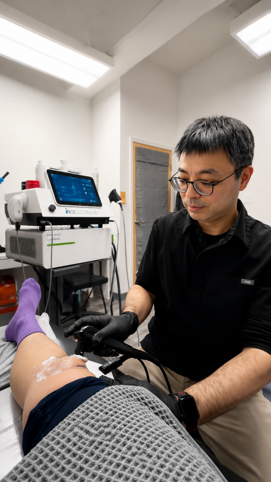 Dr. Yu-Kuang Wu providing one-on-one physical therapy treatment with advanced recovery technology in Midtown Manhattan