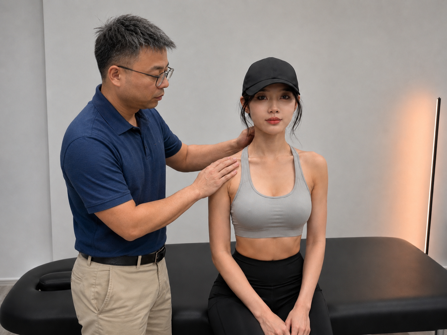 Physical therapist assessing the neck and shoulder region