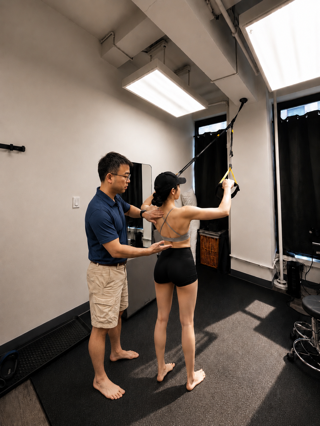 Physical therapist guiding a patient through a shoulder rehabilitation exercise