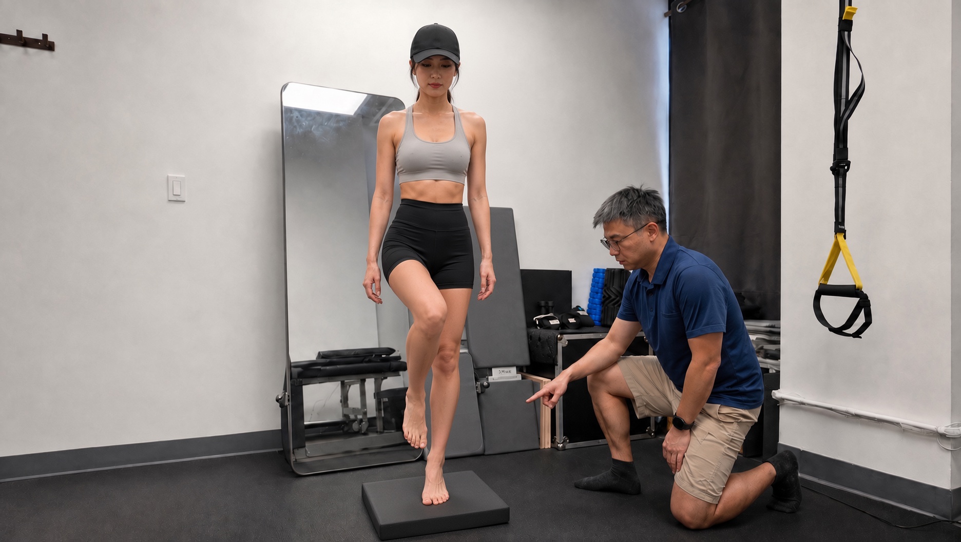 Physical therapist guiding a patient through a progressive rehabilitation exercise